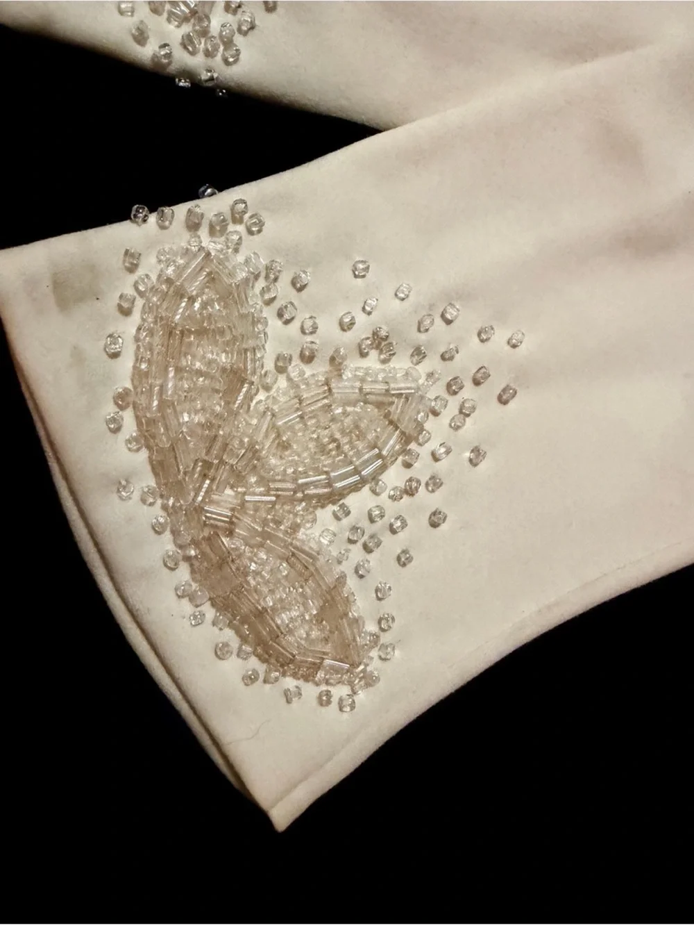 Vintage Ivory Hand Beaded Evening Stretch Satin Gloves. Gorgeous and Never Worn